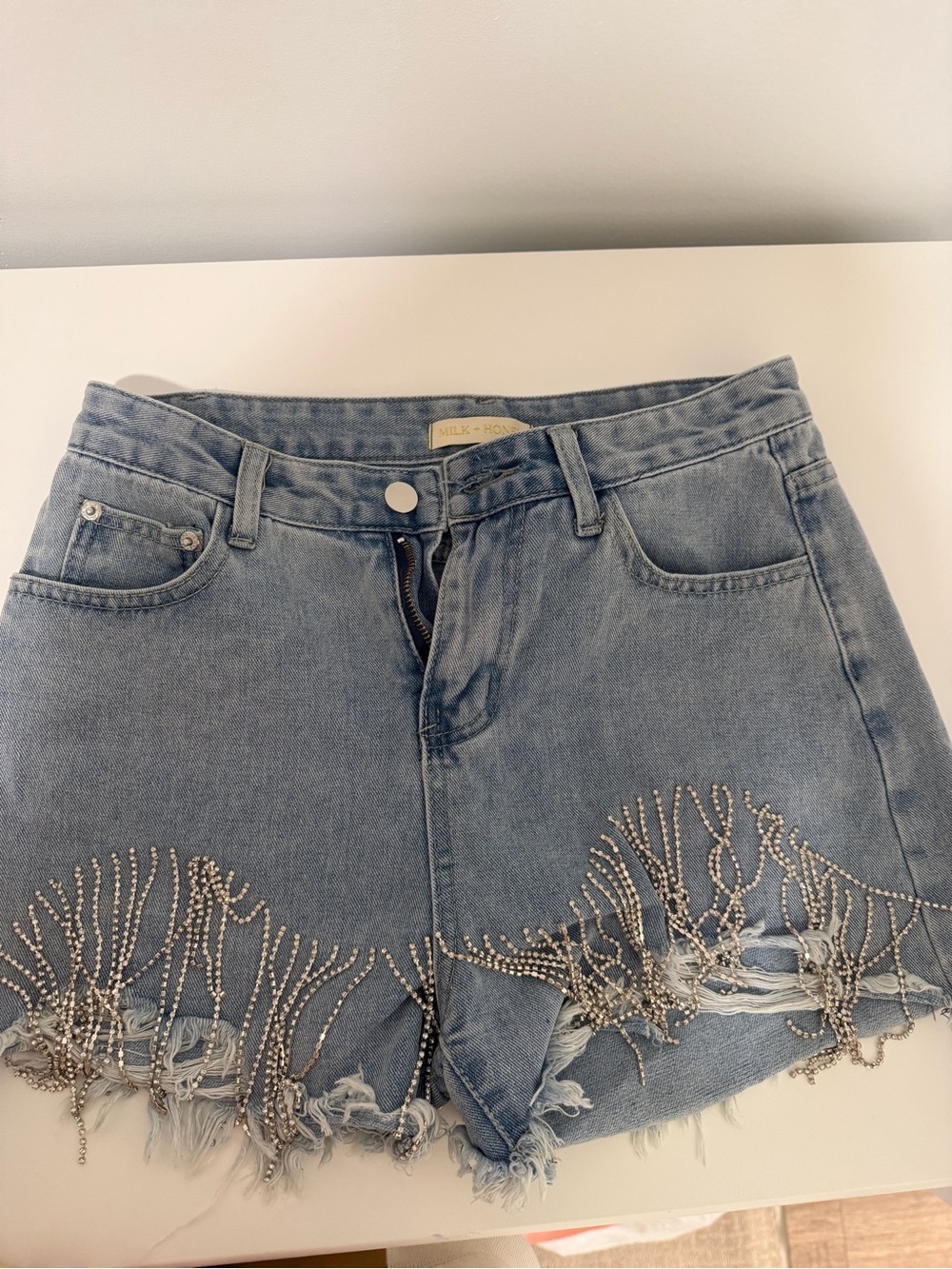 Beaded Light Blue Denim Shorts - Milk + Honey